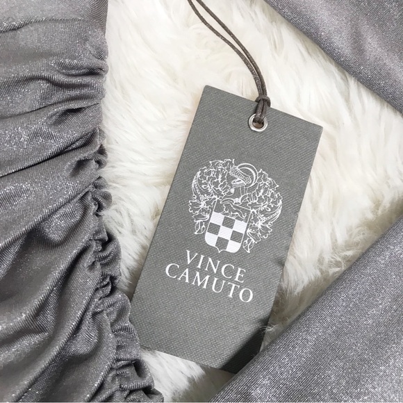 VINCE CAMUTO Silver Metallic Ruched Fitted Cocktail Dress Formal Size 2 New - Picture 6 of 13